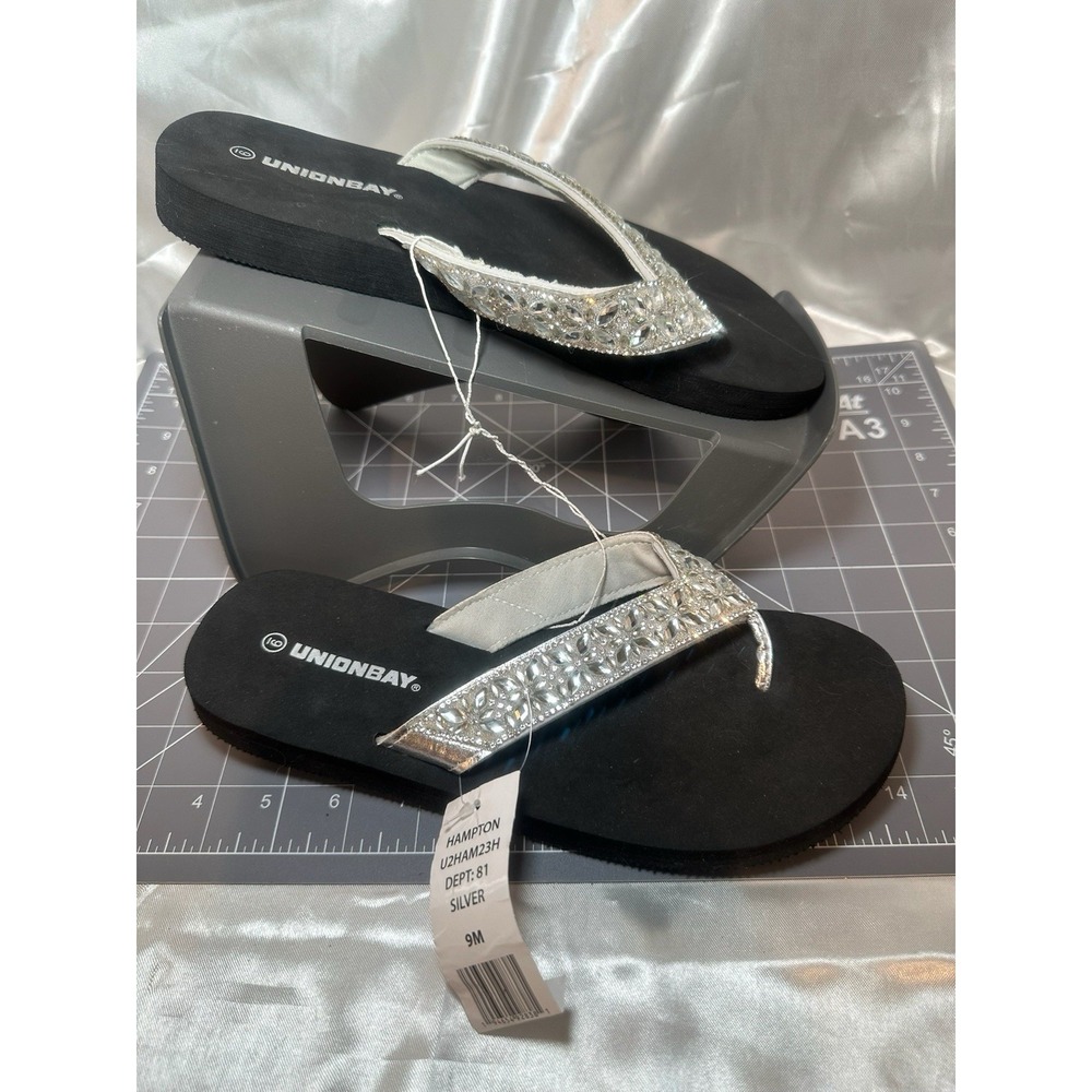 UNIONBAY Women's Size 9M Wedge Black Silver Sparkle Thong Flip Flop Sandals NWT